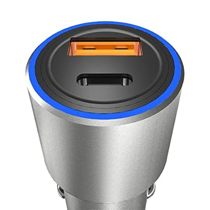 42W Fast Car Charger 3.1A Dual Port 20W PD USB-C, USB-A 22.5W QC 4.0, Premium Metal body with soft blue light Compatible with iPhone/Samung/Oppo/Vivo/one+/Pixel/Moto and all devices