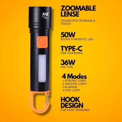 MZ M985 (ZOOMABLE LED Metal Torch) 4 Modes 50W Flashlight + 36W COB Light Torch (13.5 cm, Rechargeable)