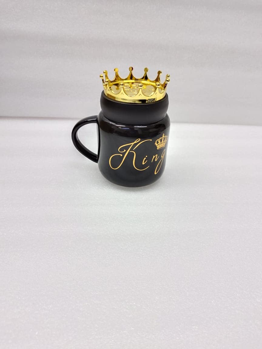 King Flower King and Queen Mug Couple Set with Crown Lid 400 ml Gift Set of 2 Mugs ( Black-White)