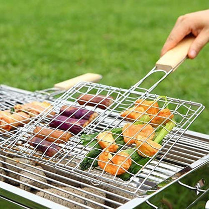 Portable Stainless Steel BBQ Barbecue Grilling Net Basket With Wooden Handle for Meat Vegetable Fish Shrimp