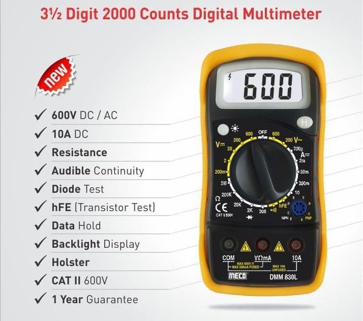 DMM-830L 3½ Digits 2000 Counts AC Voltage,DC Voltage,DC Current (1 Year Warranty) Digital Multimeter (Yellow, Black 2000 Counts)