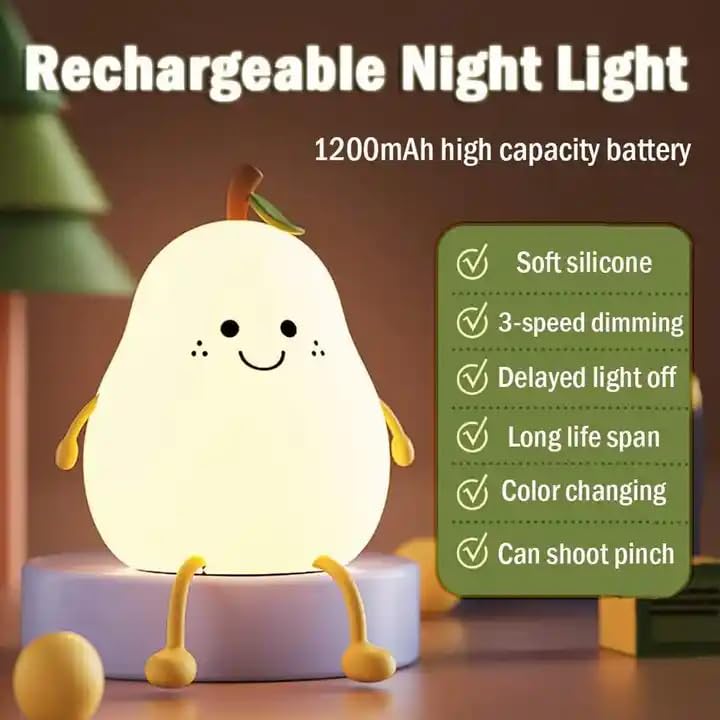 Cute Unbreakable Silicone pear lamp for Kids Bedroom Rechargeable Night Light Table lamp with Touch Gesture 7 Color Changing led lamp for Kids Room...