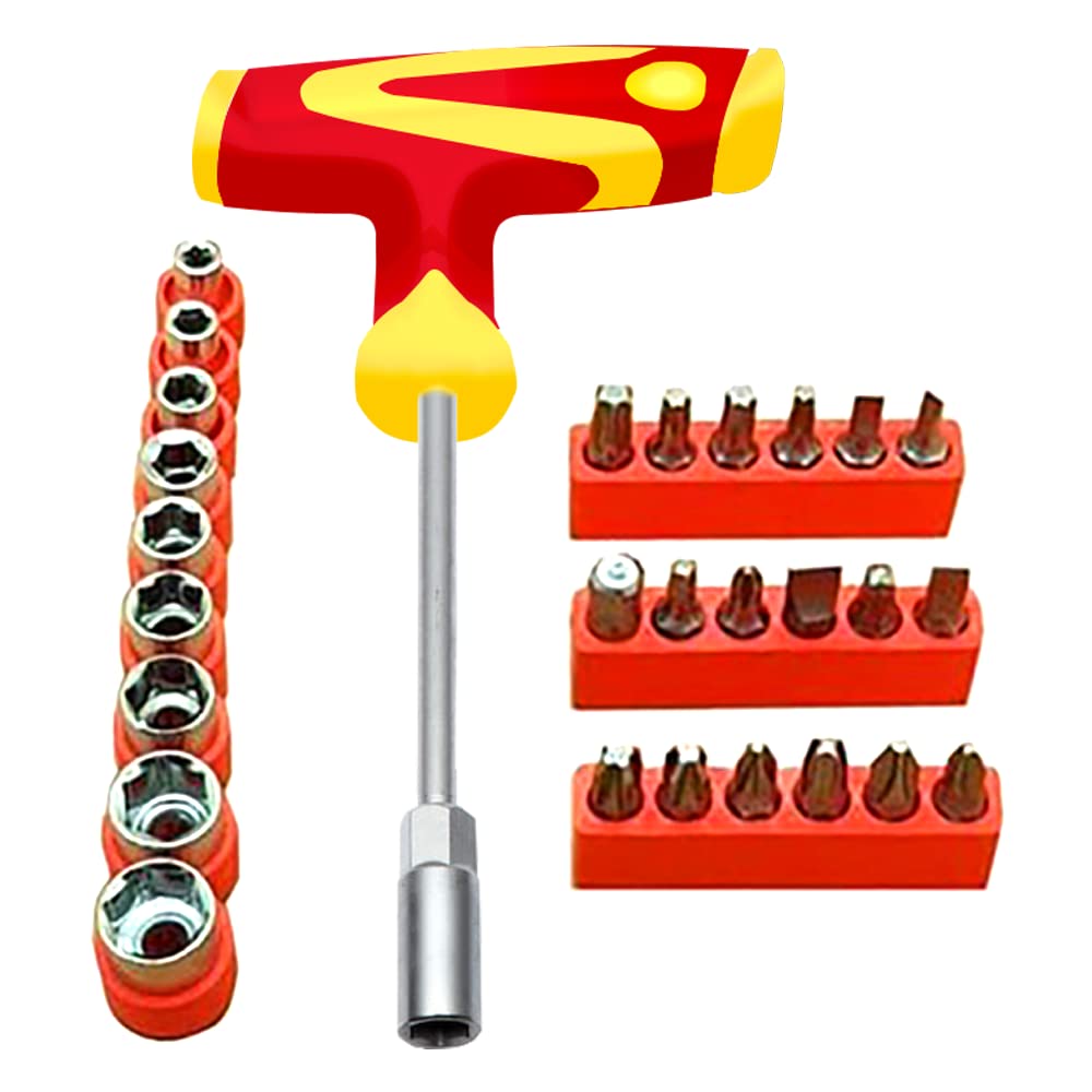 28 in 1 T-Handle Driver with Sockets and Bits Set Screwdriver Set, All Major Used Bits Included Tool kit Socket Bit Set Hand Tools Kit Set for Home (Material- Plastic/, color-Multi)