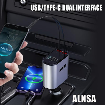 4-in-1 Retractable Car Charger, 120W Ultra-Fast USB Car Charger, Type-C and iPhone Retractable 2-Wire, 1 USB and 1 USB-C Charging Ports