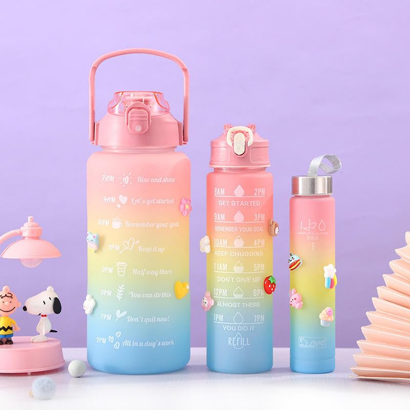 Set of 3 Water Bottle 2000ML, 900ML, 300ML with Motivational Time Marker, Leakproof Durable Sipper Water bottle for office, School, gym (SKY+PINK)