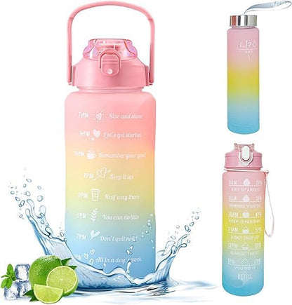 Set of 3 Water Bottle 2000ML, 900ML, 300ML with Motivational Time Marker, Leakproof Durable Sipper Water bottle for office, School, gym (SKY+PINK)