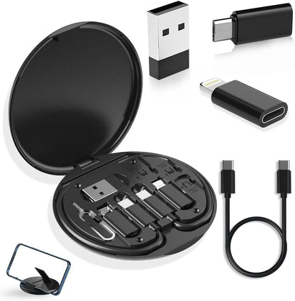 All in One 60W USB Fast Charging Travel Cable Set Type C, Lightening and Micro USB Port Inbuilt Mobile Stand