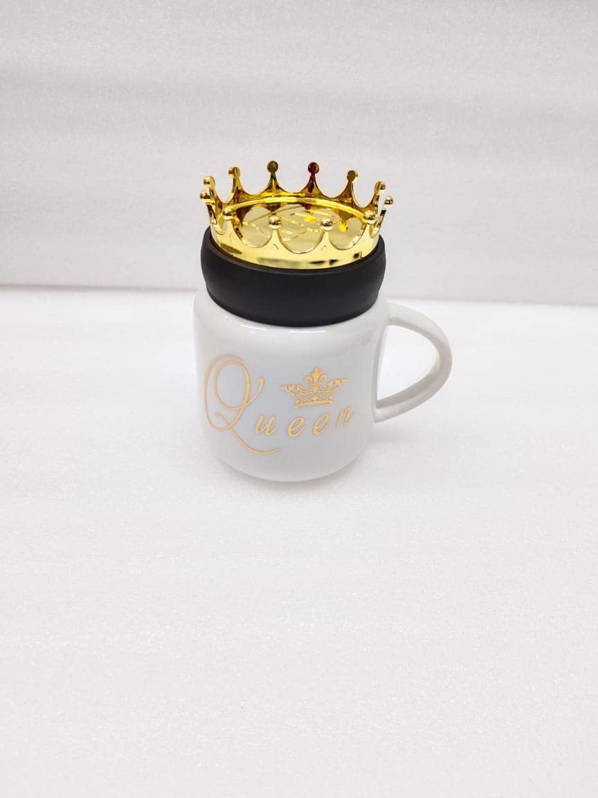 King Flower King and Queen Mug Couple Set with Crown Lid 400 ml Gift Set of 2 Mugs ( Black-White)