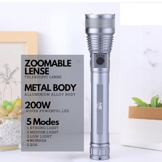 MZ M982 Zoomable Metal LED Torch, 5 Modes, Rechargeable, Bright Light, Ideal Gift for Outdoor Enthusiasts and Emergencies with 1 year Replacement Warranty