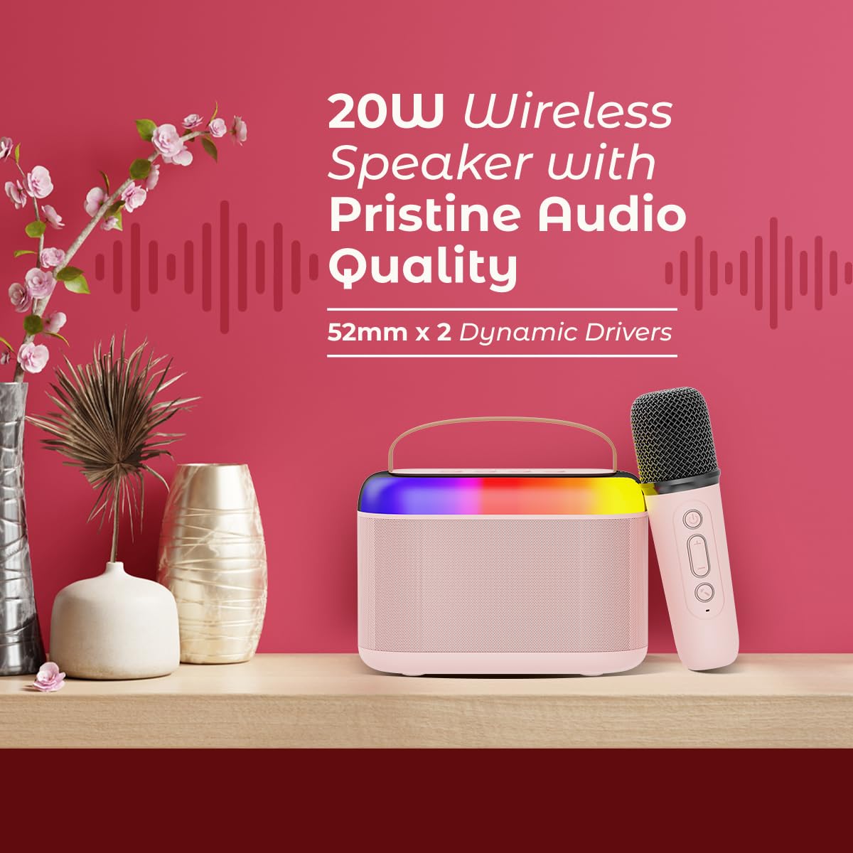 20W Bluetooth Speaker with Wireless Karaoke Mic, 6Hrs Playtime, Vivid RGB Lights, Voice Effects, Multi-Play Modes BT5.3/TF Card/USB & Type-C Charging Port (Light Pink)