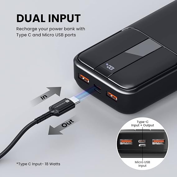 Power D 20k 20000 mAh Power Bank with 22.5W Max Output, Dual Input (Type C + Micro), Dual USB Output, Type C Output, LED Digital Display, Wake Up Button(Black)