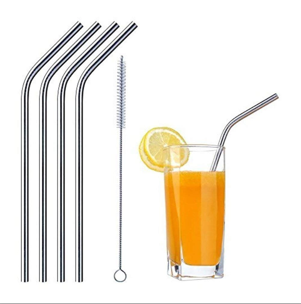 Stainless Steel Reusable Food Grade Beverage Drinking Straws with Straw Cleaning Brush Set of 5