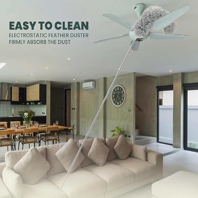 Nissi 2024 Upgraded Long Handle Microfiber Feather Ceiling Duster For Dust Cleaning Extendable Pole 30-100 Inch For Cleaning High Cobweb Stick High Ceiling Fan - Stainless Steel,Grey