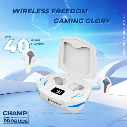 Lapcare Champ Series Pro in Ear Buds, Up to 50Ms Low Latency & Built-in Mic, 60H Playtime, Ipx5 Sweat & Water Resistant, Touch Controls & Voice Control, Super Fast Charging (White)