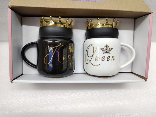 King Flower King and Queen Mug Couple Set with Crown Lid 400 ml Gift Set of 2 Mugs ( Black-White)