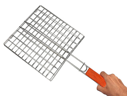 Portable Stainless Steel BBQ Barbecue Grilling Net Basket With Wooden Handle for Meat Vegetable Fish Shrimp