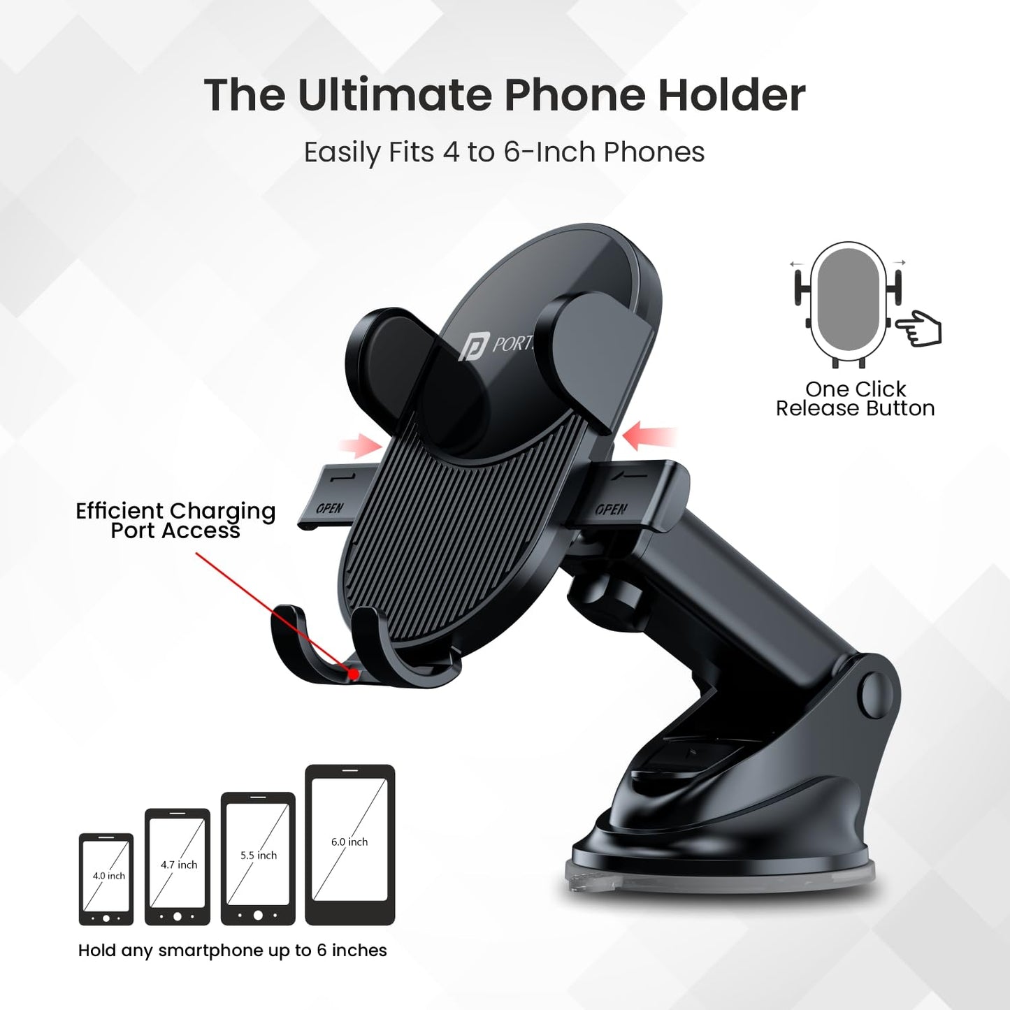 Adjustable Car Mobile Phone Holder Stand for Dashboard & Windshield, 360° Rotational, Strong Suction Cup, Compatible with 4 to 6 inch Devices(Black)