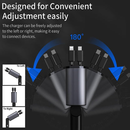 4-in-1 Retractable Car Charger, 120W Ultra-Fast USB Car Charger, Type-C and iPhone Retractable 2-Wire, 1 USB and 1 USB-C Charging Ports