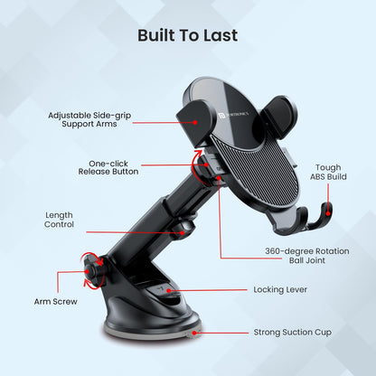 Adjustable Car Mobile Phone Holder Stand for Dashboard & Windshield, 360° Rotational, Strong Suction Cup, Compatible with 4 to 6 inch Devices(Black)