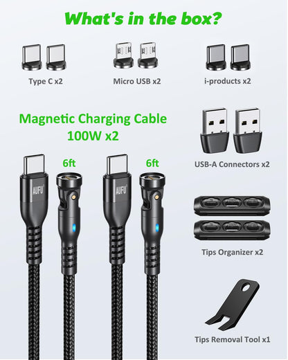 6 in 1 USB C Magnetic Charging Cable (2Pack, 6ft/6ft) PD 100W USB/C to USB C Micro USB Magnetic Charger Cable Fast Charging Data Transfer for Laptop/Tablet/Phone