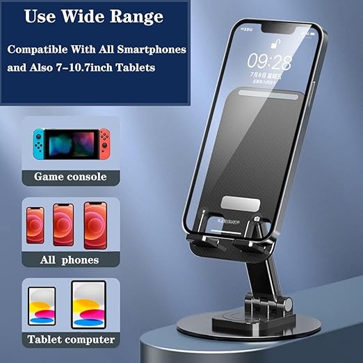 Phone Stand 360° Rotation Height and Angle Adjustable Cell Phone Stand for Desk Office Foldable Desktop Phone Holder for Smartphone 4-10'' Tablet Holder (Black)