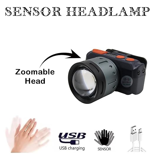 Mount Torch Zoom Waterproof Rechargeable Handsfree IR Sensor LED Blinker Metal Spotlight for Cycling Camping Caving Hiking Hunting Trekking - 1Pc (Zoom Focus 100W)