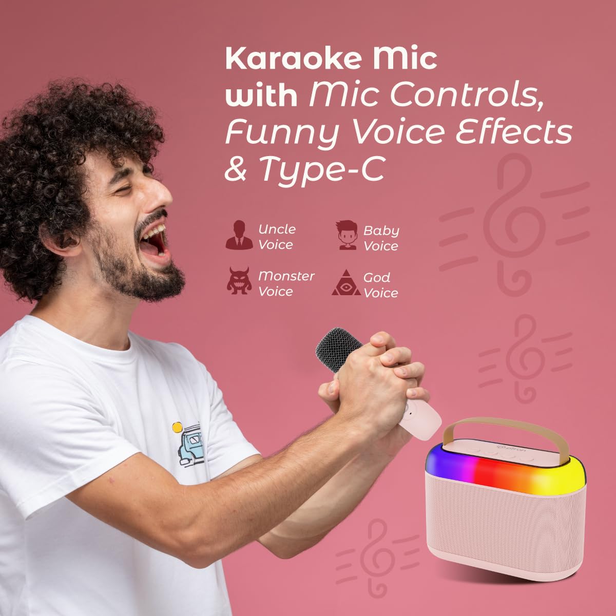 20W Bluetooth Speaker with Wireless Karaoke Mic, 6Hrs Playtime, Vivid RGB Lights, Voice Effects, Multi-Play Modes BT5.3/TF Card/USB & Type-C Charging Port (Light Pink)