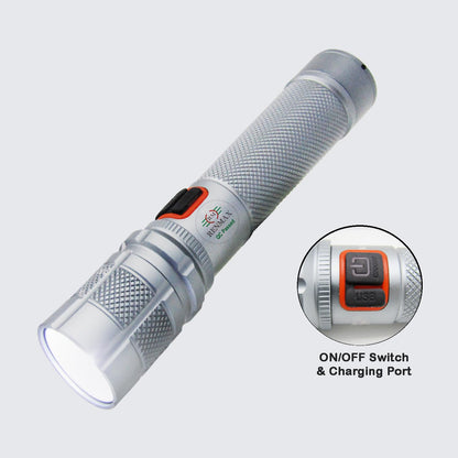 Bright Beam Focus Zoom Torch | Rainproof | Rechargeable 2000mAh Li-ion Battery | Annodised Metal Body -1 Pc (15 CM Silver) 800 Lumen (4-Modes Zoom Removable Battery)