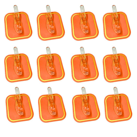 12 pcs Heavy Duty Adhesive Hooks for Wall - Low Profile, Strong Wall Hanging Hooks - No Drilling Required, Ideal for Hanging Decorative Items, Frames, and More (Orange - Pack of 12)