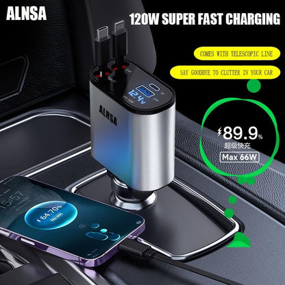 4-in-1 Retractable Car Charger, 120W Ultra-Fast USB Car Charger, Type-C and iPhone Retractable 2-Wire, 1 USB and 1 USB-C Charging Ports