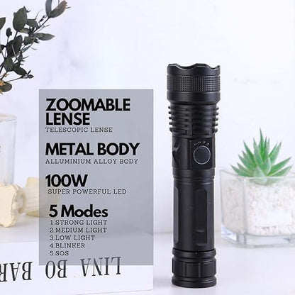 5 Modes Flashlight, Super Bright 100W Light LED Torch Light