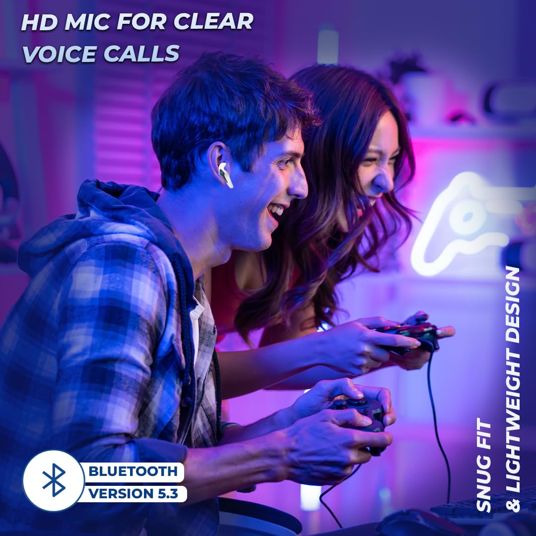 Lapcare Champ Series Pro in Ear Buds, Up to 50Ms Low Latency & Built-in Mic, 60H Playtime, Ipx5 Sweat & Water Resistant, Touch Controls & Voice Control, Super Fast Charging (White)