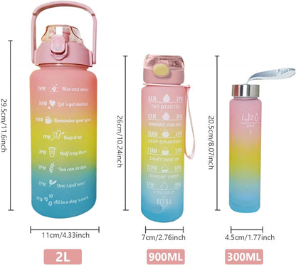 Set of 3 Water Bottle 2000ML, 900ML, 300ML with Motivational Time Marker, Leakproof Durable Sipper Water bottle for office, School, gym (SKY+PINK)