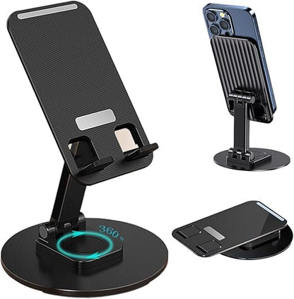 Phone Stand 360° Rotation Height and Angle Adjustable Cell Phone Stand for Desk Office Foldable Desktop Phone Holder for Smartphone 4-10'' Tablet Holder (Black)