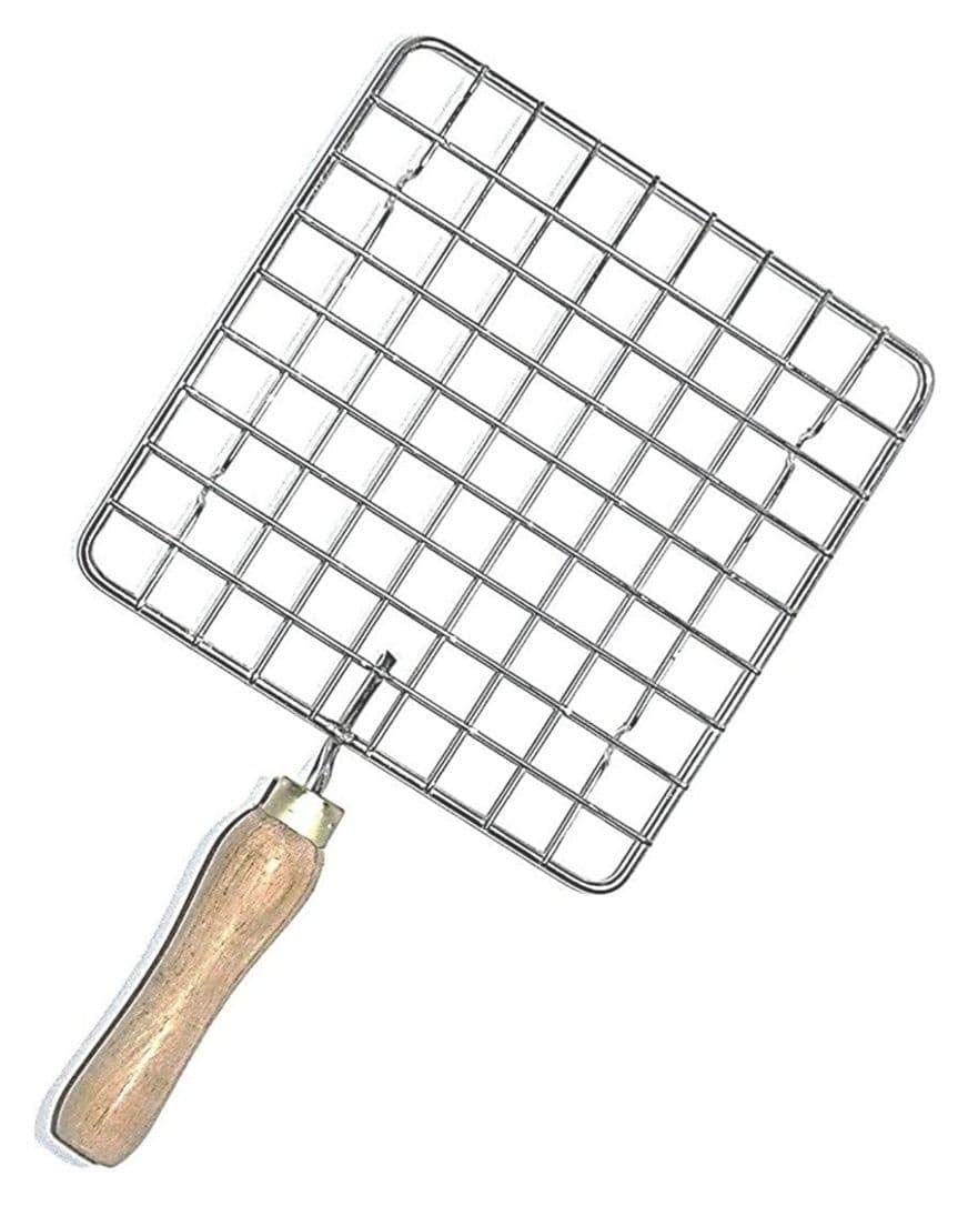 Portable Barbecue Mini BBQ Grill Net papad chapati Toast Stainless Steel Roast Grilling Tray Chromium Plated with Wooden Handle