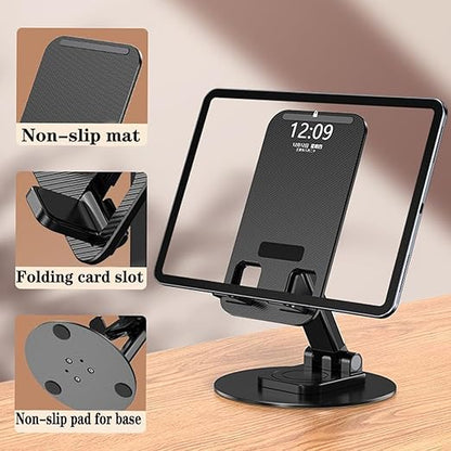 Phone Stand 360° Rotation Height and Angle Adjustable Cell Phone Stand for Desk Office Foldable Desktop Phone Holder for Smartphone 4-10'' Tablet Holder (Black)