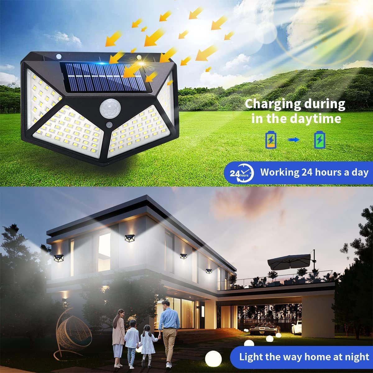 Nissi GW-601 100 LED Solar Wall Light with 5.5V Panel BIS Approved 800mAh Battery 120° Wide Angle Wireless Motion Sensor IP44 Rated Security Lamp for Yard Fence Decor (1Pc, Cool White)