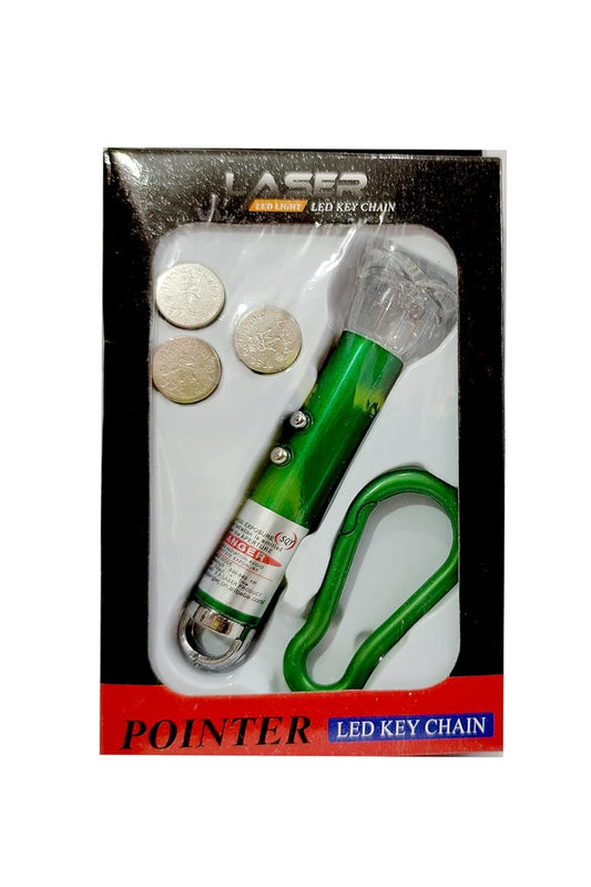 3 in 1- LED Color Light + Torch Keychain + Laser Pointer- 650 nm 3 Lithium Size Batteries Indoor Laser Light (Green), Metal