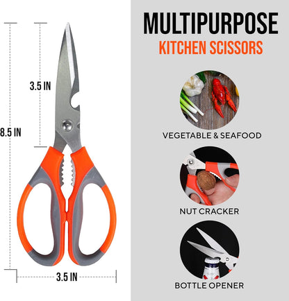 Home - Kitchen Scissors Multipurpose, Meat & Vegetable Cutting Scissor, Stainless Steel Scissors for Kitchen Use with Nut Cracker & Bottle Opener, Gray & Red