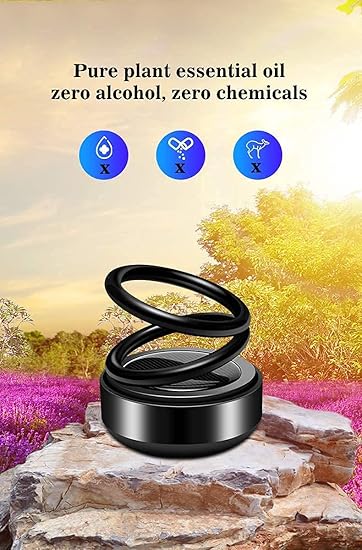 Car Air Freshener Solar Rotating Aroma therapy Diffuser Interior Decoration Accessories for Essential Oil Fragrance Odor Eliminator Double Spin Ring Smoke Remover Home office Gift (BLACK)