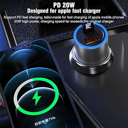 42W Fast Car Charger 3.1A Dual Port 20W PD USB-C, USB-A 22.5W QC 4.0, Premium Metal body with soft blue light Compatible with iPhone/Samung/Oppo/Vivo/one+/Pixel/Moto and all devices