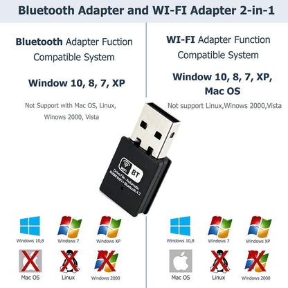 USB Bluetooth 4.2 WiFi Adapter AC 150Mbps for PC, Wireless Wi-Fi Dongle Dual Band 2.4G Support Windows 10/8.1/7 / XP/Vista/Mac OS