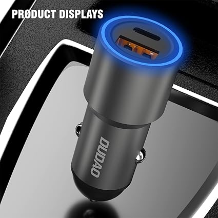 42W Fast Car Charger 3.1A Dual Port 20W PD USB-C, USB-A 22.5W QC 4.0, Premium Metal body with soft blue light Compatible with iPhone/Samung/Oppo/Vivo/one+/Pixel/Moto and all devices