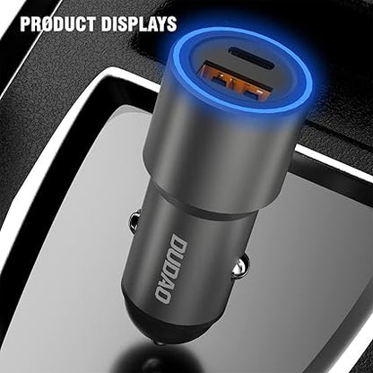 42W Fast Car Charger 3.1A Dual Port 20W PD USB-C, USB-A 22.5W QC 4.0, Premium Metal body with soft blue light Compatible with iPhone/Samung/Oppo/Vivo/one+/Pixel/Moto and all devices