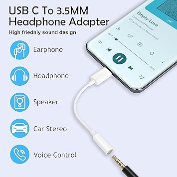 Samsung_Type C to 3.5mm Headphone Jack, Upgrade 32bit Hi-Fi Sound Type C to 3.5mm Compatible with Pixel 2/2XL/3/3XL/6/6 pro & Samsung S23/ S23 Ultra/ S23+/ S22/ S22 Ultra S21/S20 (NEW 2024)-White