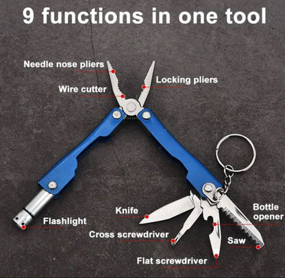 9 in 1 Micro Plier Tool Kit With LED Flash Light | Knife Blade Cutter Key Ring | Traveling Tool Micro Pliers Multi function Multi Utility Plier | Hand Piler Tool (1Pcs)(Multicolor)