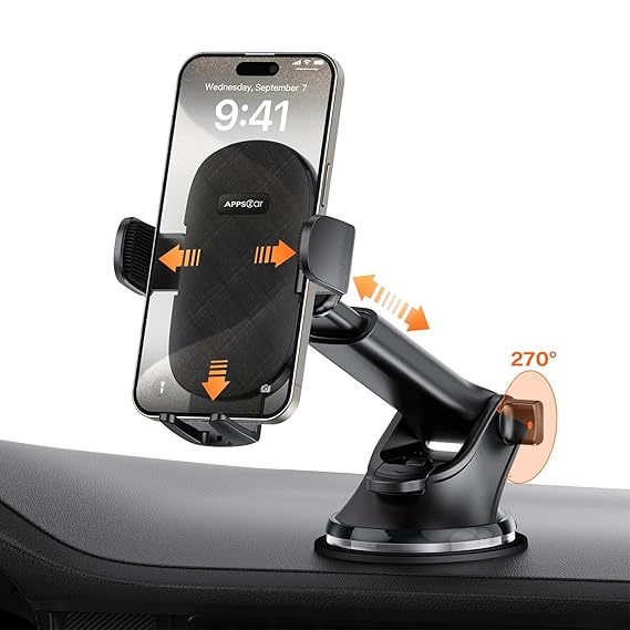 Car Phone Holder Mount Dashboard/Windshield Car Mobile Holder Rotatable 360 Car Mount with Suction Cup Compatible with iPhone 15/14/13 Series and All Android Phone