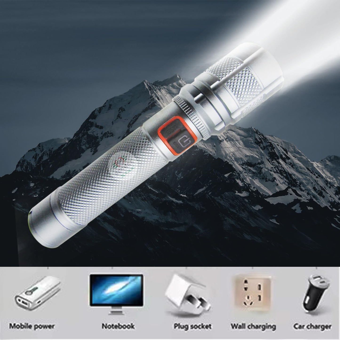 Bright Beam Focus Zoom Torch | Rainproof | Rechargeable 2000mAh Li-ion Battery | Annodised Metal Body -1 Pc (15 CM Silver) 800 Lumen (4-Modes Zoom Removable Battery)