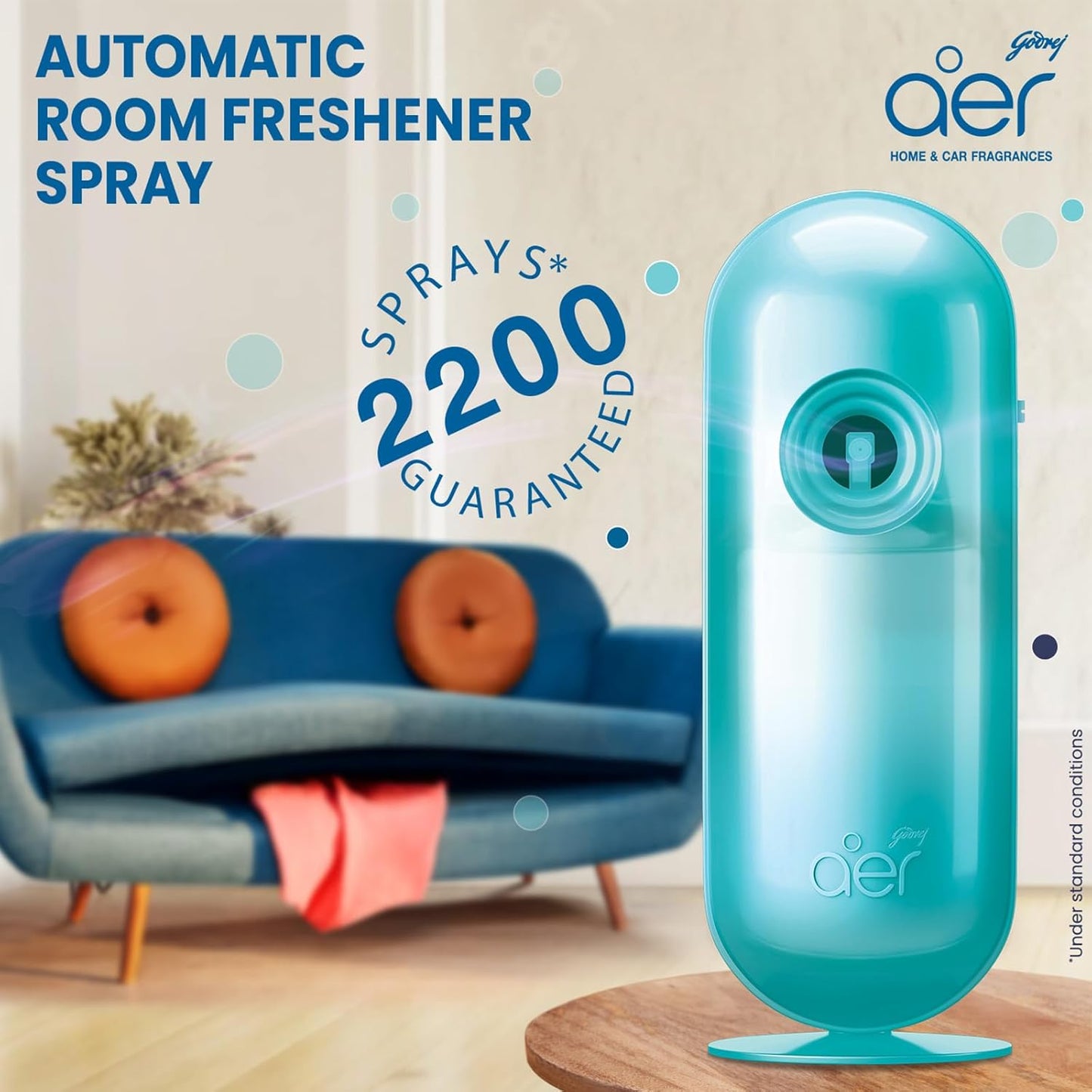 aer Matic Kit (Machine + 1 Refill) - Automatic Room Fresheners with Flexi Control Spray | Cool Surf Blue | 2200 Sprays Guaranteed | Lasts up to 60 days (225ml)