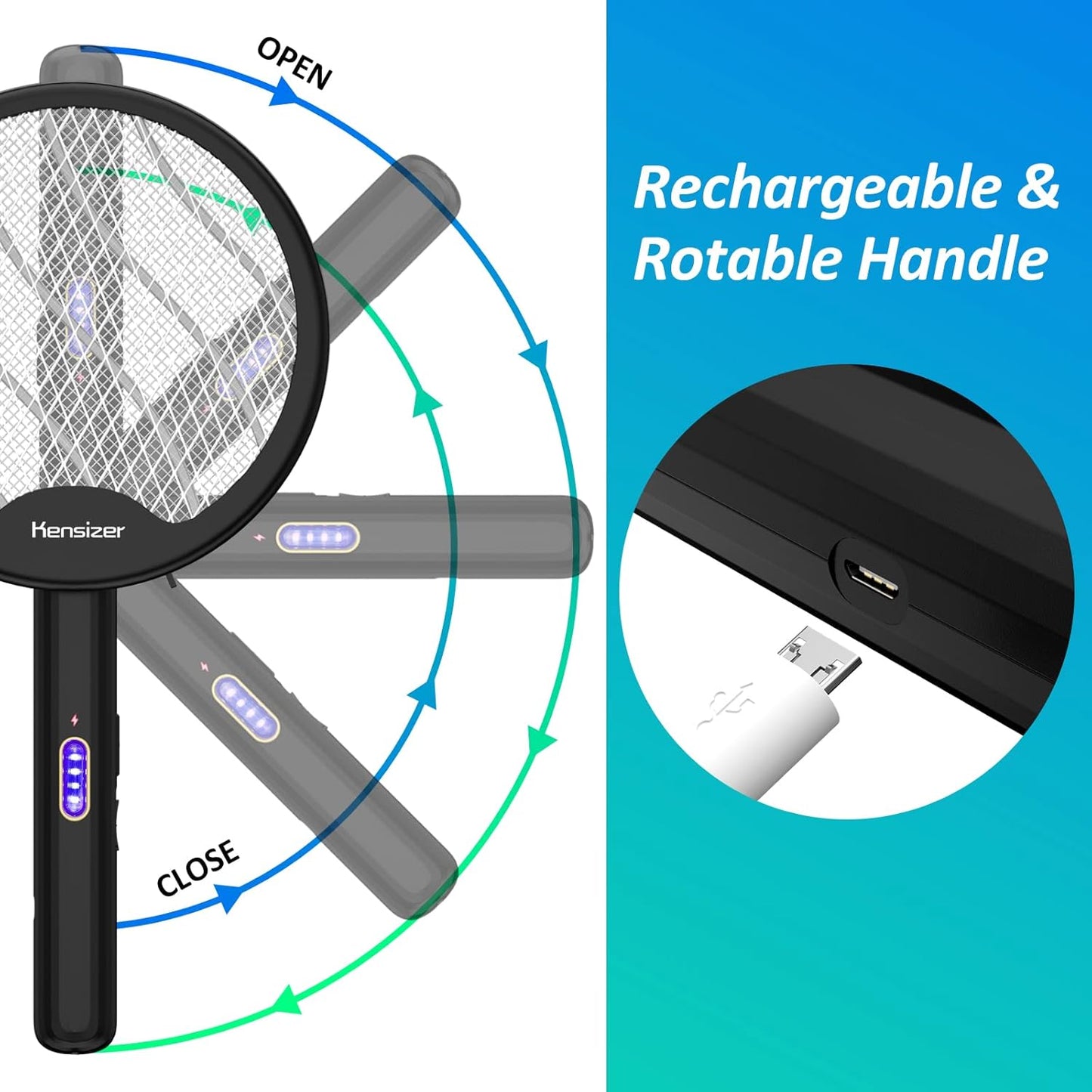 Zapper Electric Fly Swatter, Foldable Rechargeable Mosquito Zapper Racket with USB Charging Cable (Black)